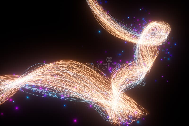 Rotazione di linee di neon luminose con fondo nero, rendering 3d illustrazione di stock