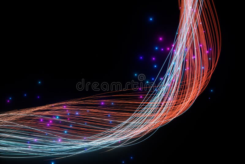 Rotazione di linee di neon luminose con fondo nero, rendering 3d illustrazione vettoriale