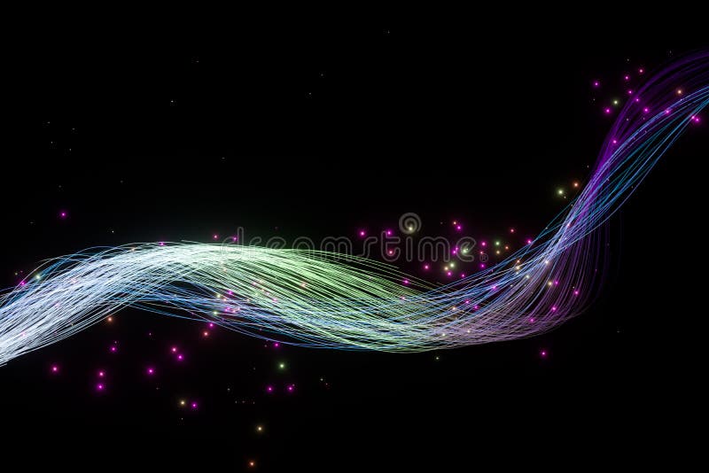 Rotazione di linee di neon luminose con fondo nero, rendering 3d illustrazione di stock
