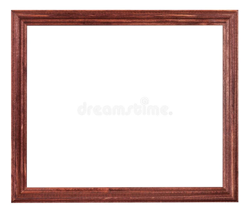 Red brown painted narrow wooden picture frame with cut out blank space isolated on white background. Red brown painted narrow wooden picture frame with cut out blank space isolated on white background