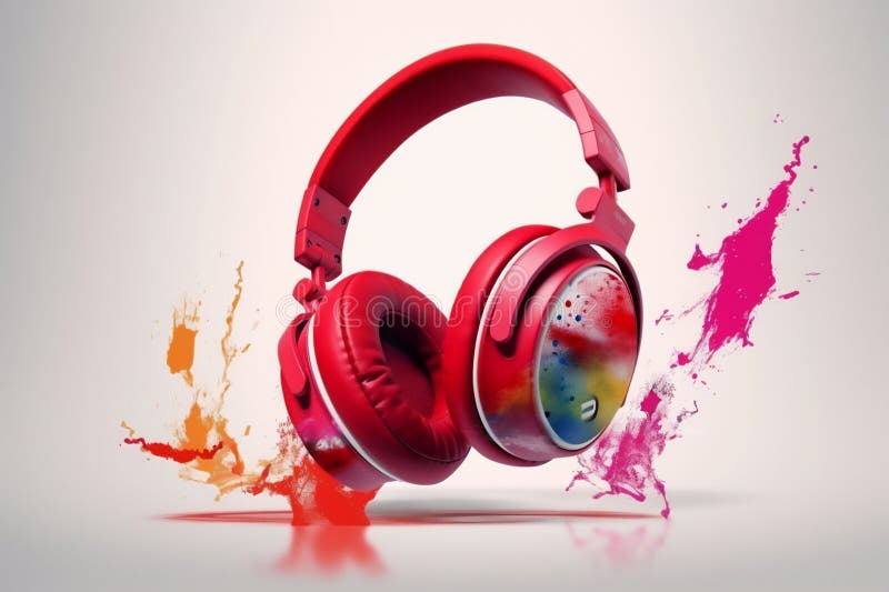 Rote DJ-Kopfhörer mit farbigem Rauch und Farbe, die in einer lebhaften Farbexplosion auf weißem Hintergrund entstehen. generative stock abbildung
