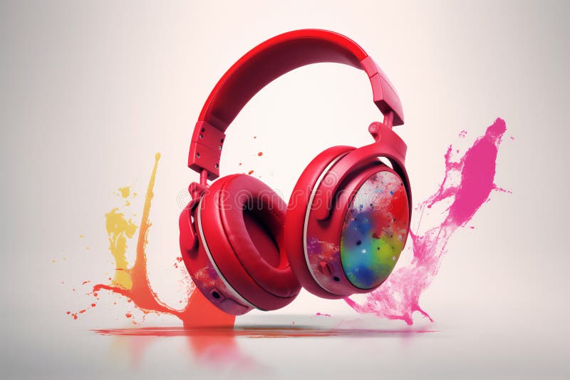 Rote dj Kopfhörer mit farbigem Rauch und Farbe, die in einer lebhaften Farbexplosion auf weißem Hintergrund entstehen. Musik und S vektor abbildung