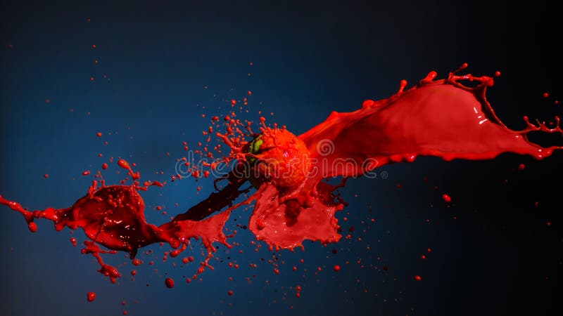 Rote Farbe, die mit Ball auf Blau spritzt stockfoto Rote Farbe, die mit Ball auf Blau spritzt stockfoto