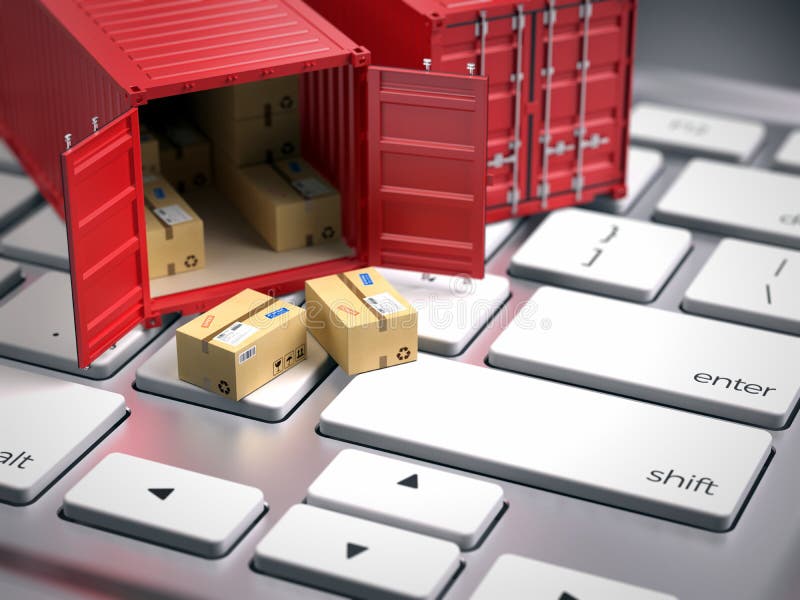 Rote Frachtfrachtversandverpackung auf Computertastatur Logistisches Konzept des Frachtschiffs Rote Frachtfrachtversandverpackung auf Computertastatur Logistisches Konzept des Frachtschiffs