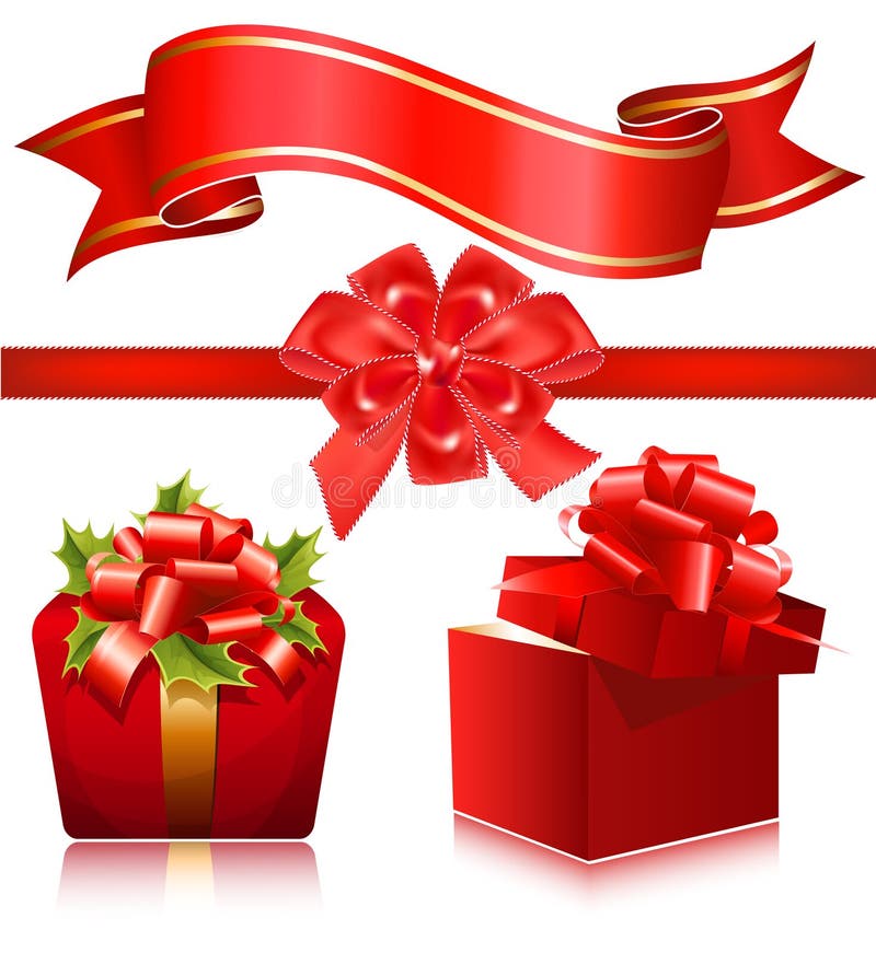 Vector. Red gift boxes with red ribbon and bow. Vector. Red gift boxes with red ribbon and bow.