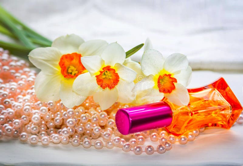 Rote Glasparfümflasche, Perlenperlen und Narzissenblumen stockbild Rote Glasparfümflasche, Perlenperlen und Narzissenblumen stockbild