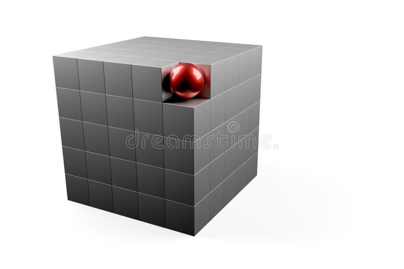 Rote Kugel in der Ecke des Blocks aus Würfeln über weißen Hintergrund Software-Modul Teamwork oder herausragende Konzept.