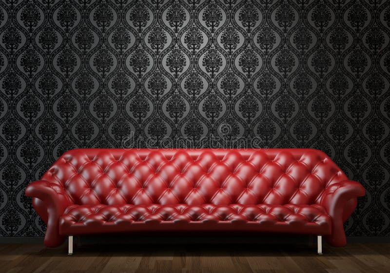 Rote lederne Couch auf schwarzer Wand stock abbildung