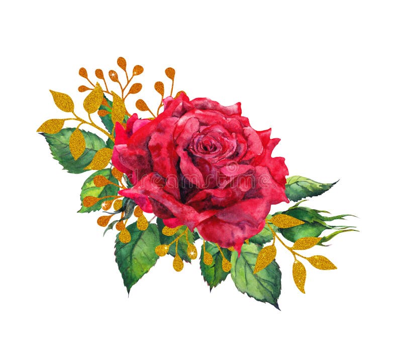 Rote Rosen mit goldenen Blättern Aquarellmalereiblume stock abbildung
