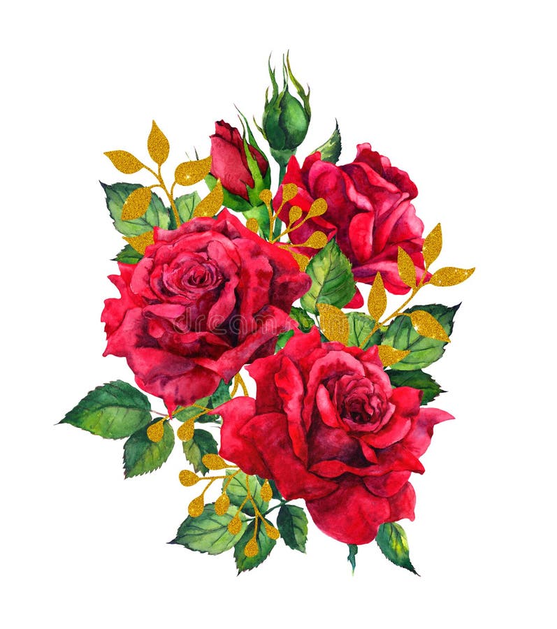 Rote Rosen mit goldenen Blättern Aquarellmalereiillustration lizenzfreie abbildung