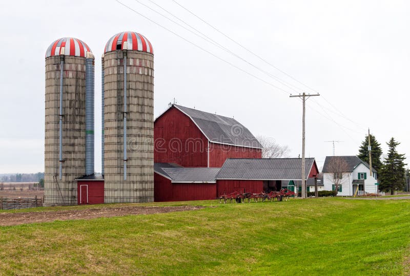 Farm with a house, barn and two silos. Farm with a house, barn and two silos