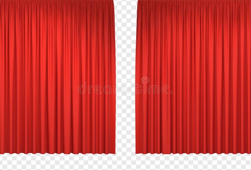 Red stage curtains. Realistic open theatrical cinema drapes for interior performance event on theatrical stage or in concert hall. Vector illustration. Red stage curtains. Realistic open theatrical cinema drapes for interior performance event on theatrical stage or in concert hall. Vector illustration