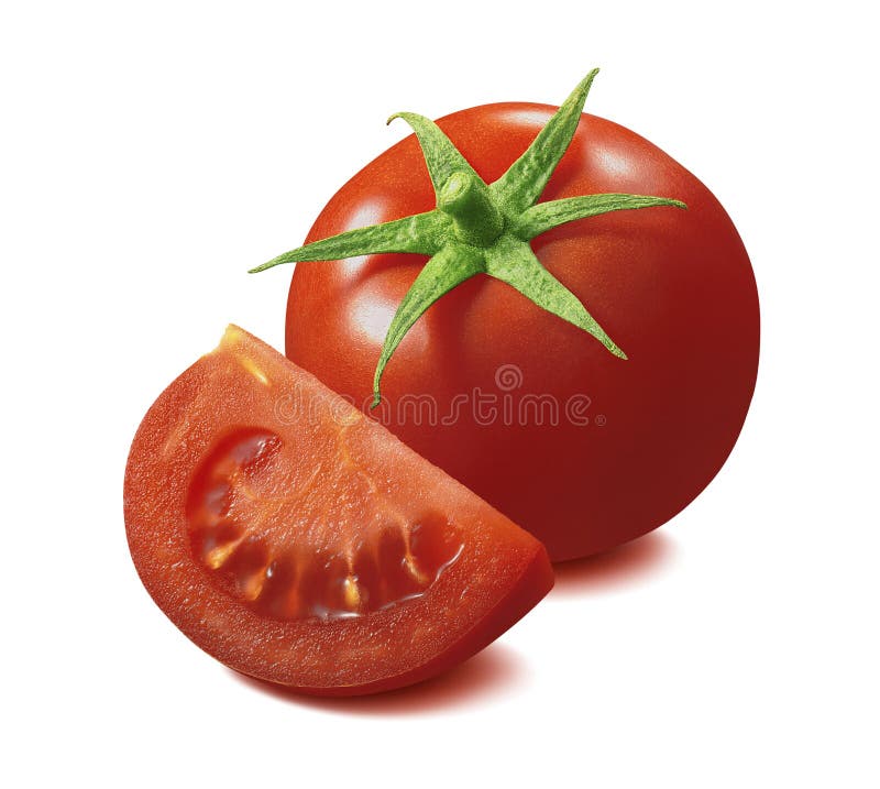 Rote Tomate und Scheibe lokalisiert auf weißem Hintergrund lizenzfreie stockfotos Rote Tomate und Scheibe lokalisiert auf weißem Hintergrund lizenzfreie stockfotos