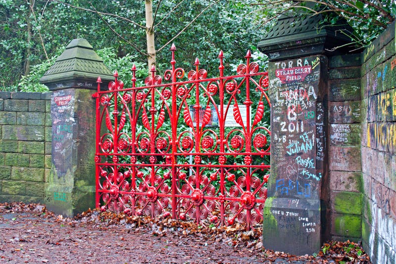 Red gates at the entrance to Strawberry Field Imortalised by The Beatles song written by John Lennon. Red gates at the entrance to Strawberry Field Imortalised by The Beatles song written by John Lennon