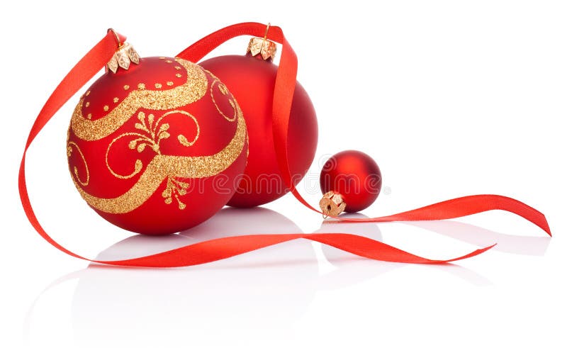 Rote Weihnachtsdekorationsbälle mit dem Bandbogen lokalisiert auf Weiß stockbilder Rote Weihnachtsdekorationsbälle mit dem Bandbogen lokalisiert auf Weiß stockbilder
