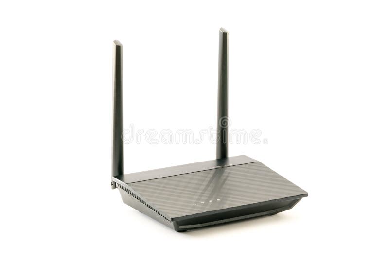 Roteador sem fio preto de Wi-Fi do Internet com a antena dois isolada no fundo branco Com trajeto de grampeamento imagens de stock