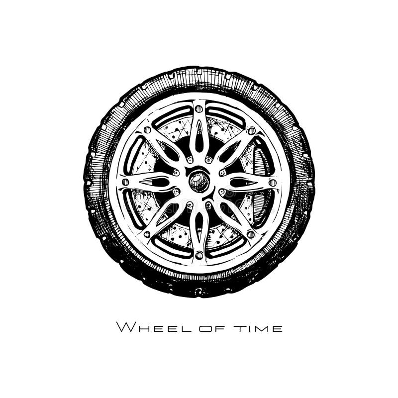 Wheel of time. modern alloy wheel, ink hand drawn illustration. Wheel of time. modern alloy wheel, ink hand drawn illustration.