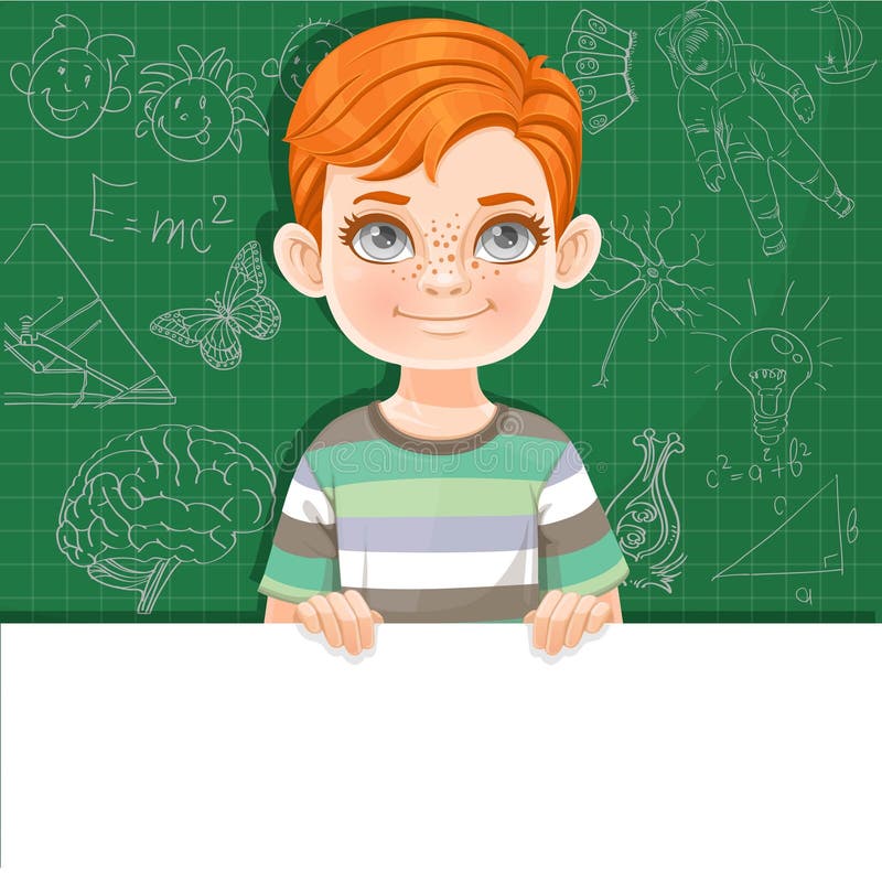 Roter behaarter Junge hält große weiße horizontale Banner auf einem grünen Hintergrund stock abbildung