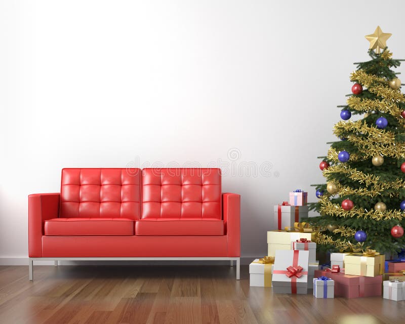 Roter Couch- und Weihnachtsbaum vektor abbildung Roter Couch- und Weihnachtsbaum vektor abbildung