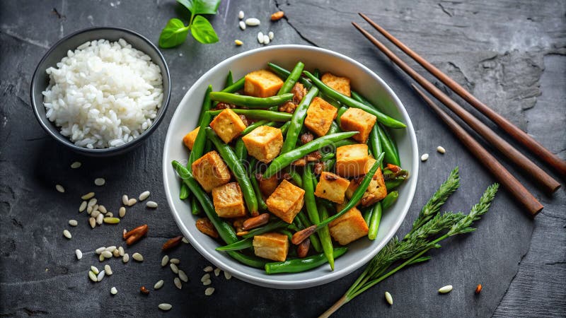 Roter KnoblauchbeereFry mit knusprigem Tofu Jasmine Rice Eine köstliche gesunde Mahlzeit mit Expertenessen. Lassen Sie sich von diesem lebendigen und geschmackvollen Knoblauchbeere StirFry verzaubern, der mit knusprigem Tofu und flauschigem Jasminreis hergestellt wurde. Das Gericht ist ein Zeugnis der Kunst des Essens Styling und Fotografie zeigen die Texturen und Farben jeder Zutat durch eine detaillierte nähere Darstellung. Brillante goldenbraune Tofu perfekt geraffte grüne Bohnen und duftender Jasminreis werden in einem unberührten weißen