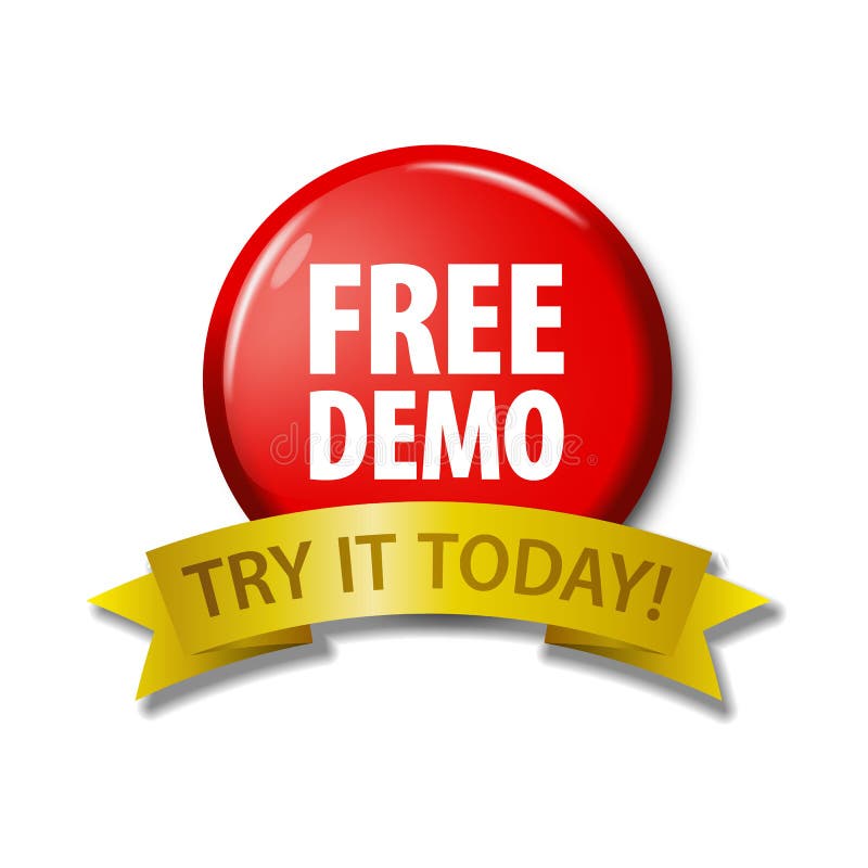 Roter Knopf mit Wörter ` freier Demo - versuchen Sie sie heute `. Helles rotes rundes Knopf- und Goldband mit Wörter ` freier Demo - versuchen Sie sie heute ` Kreisaufkleber für Softwareentwickler und on-line-Shops Gestaltungselemente auf weißem Hintergrund mit transparentem Schatten