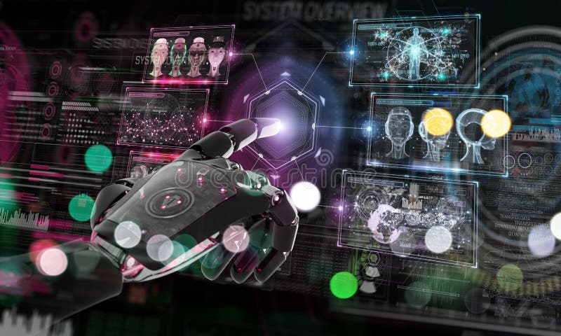 Roter Roboter, der ein System mit digitaler Wiedergabe der Schirme 3D zerhackt stock abbildung