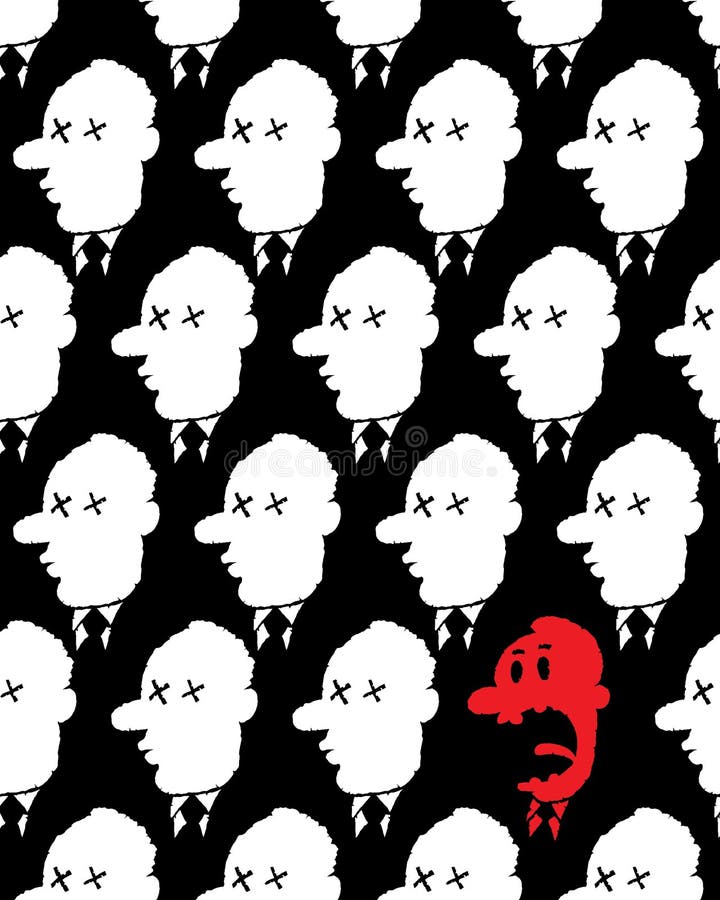 A cartoon silhouette of a man's face in shock, surrounded by dead faces. A cartoon silhouette of a man's face in shock, surrounded by dead faces.