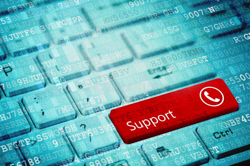 Roter Schlüssel mit Text Unterstützung und Telefonikone auf blauer digitaler Laptoptastatur stockbilder Roter Schlüssel mit Text Unterstützung und Telefonikone auf blauer digitaler Laptoptastatur stockbilder