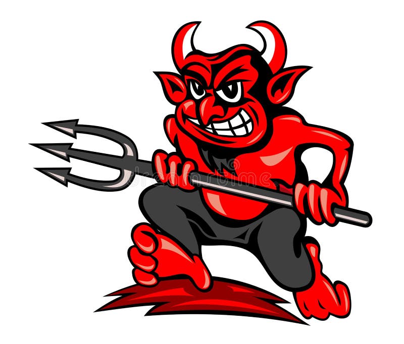 Red devil with trident in cartoon style running on land. Red devil with trident in cartoon style running on land