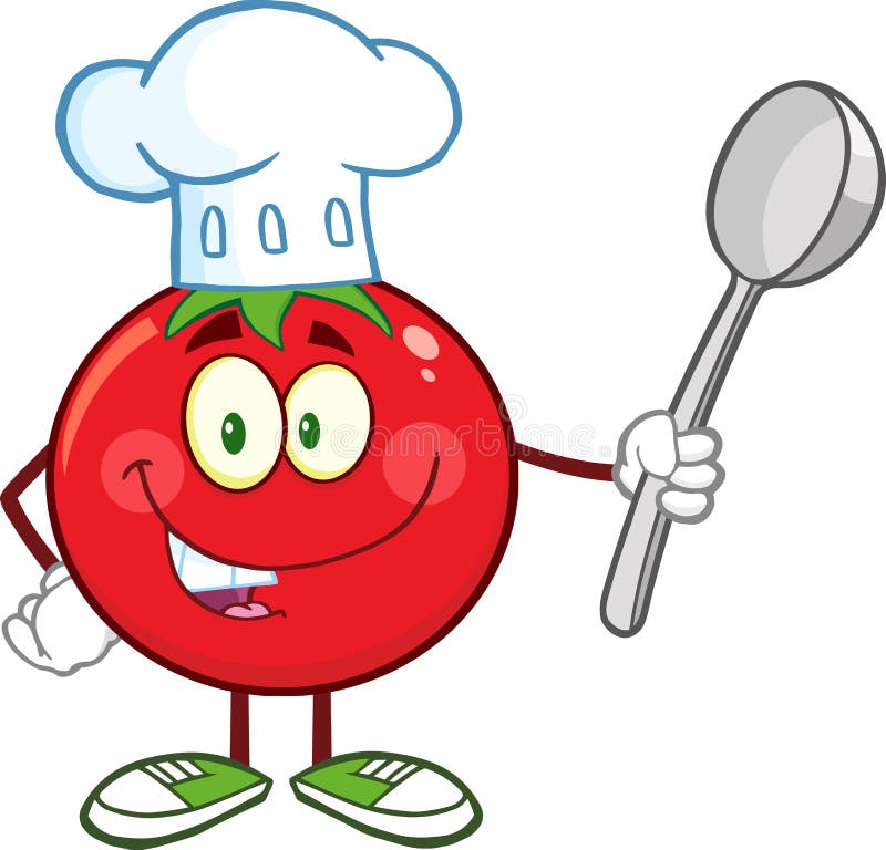 Roter Tomaten Chef Cartoon Mascot Character Das Einen Loffel Halt Vektor Abbildung Illustration Von Freundlich Blatt 49782879