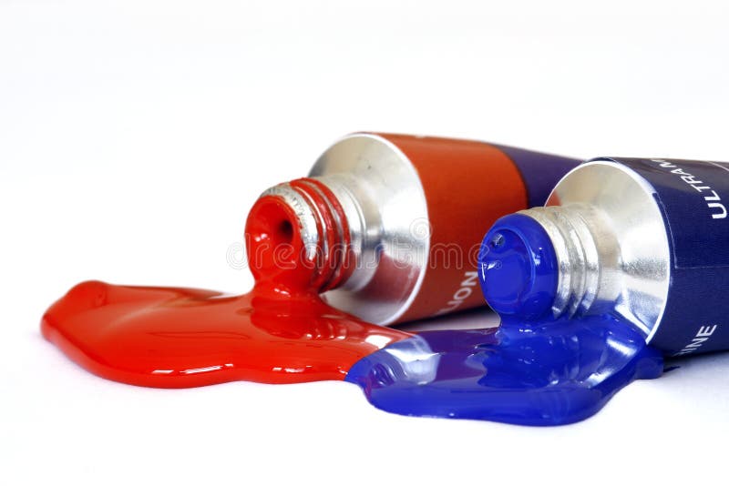 Red and blue acrylic paint pouring from a tube. Colour can be easily changed to any colour using hue/saturation in photo package. Red and blue acrylic paint pouring from a tube. Colour can be easily changed to any colour using hue/saturation in photo package