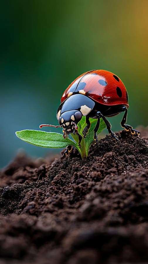 Roter und schwarzer Dornbug auf einem grünen Blatt lizenzfreies stockfoto