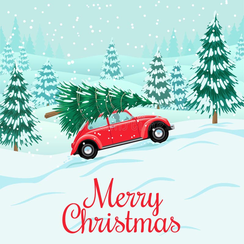 Rotes Auto Mit Weihnachtsbaum Auf Dach Lieferung Vektor Abbildung Illustration Von Dach Auto