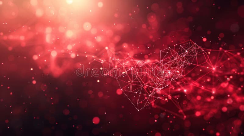 Rotes digitales Netzwerk : abstrakte polygonale Struktur verbundener Punkte und Linien auf dunklem Hintergrund mit Plexuseffekt stock abbildung