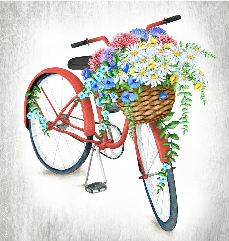 Rotes Fahrrad des Aquarells mit Blumenkorb stock abbildung Rotes Fahrrad des Aquarells mit Blumenkorb stock abbildung