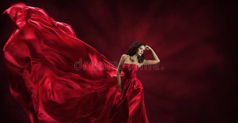 Rotes Kleid, Frau im Fliegen-Mode-Seidengewebe kleidet Modell