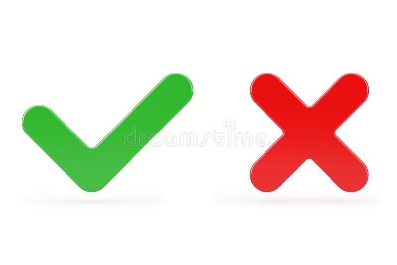 Rotes Kreuz und grünes Kontrollzeichen, Bestätigen oder Verweigern, Ja oder kein Symbol-Zeichen 3d Rendering