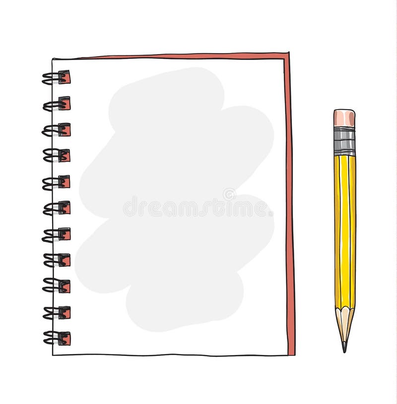 Rotes Notizbuch und gelber Bleistift übergeben gezogenes nettes Vektorkunst illust stock abbildung