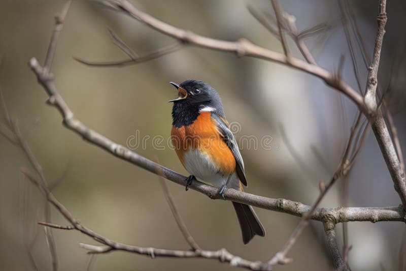 Rothaarvogel, der auf dem Laub der Bäume steht stock abbildung
