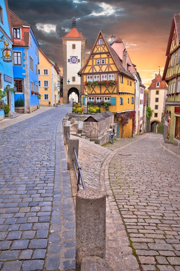 Rothenburg ob der Tauber famous landmark. Cobbled street and architecture of historic town of Rothenburg ob der Tauber view