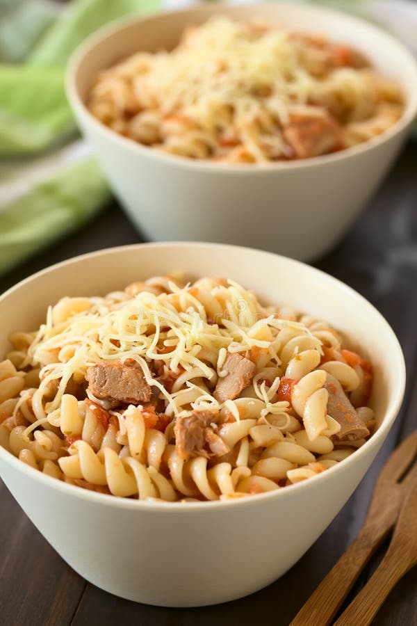 Rotini Pasta with Tuna and Tomato Sauce and Grated Cheese Stock Image