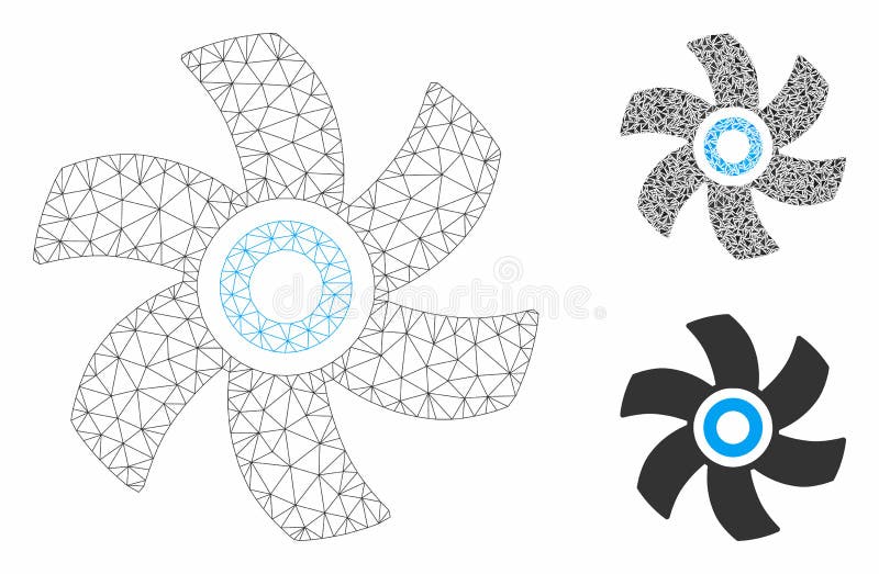 Rotor Vector Mesh 2D Model and Triangle Mosaic Icon. Mesh rotor model with triangle mosaic icon. Wire frame polygonal mesh of rotor. Vector collage of triangle parts in different sizes, and color tints. Abstract flat mesh rotor