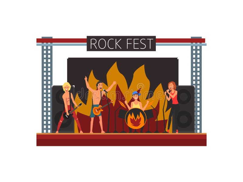 Rots Fest die, Openluchtoverleg, Rock Band op Stadium, de Openlucht Vectorillustratie van het Muziekfestival presteert royalty-vrije illustratie Rots Fest die, Openluchtoverleg, Rock Band op Stadium, de Openlucht Vectorillustratie van het Muziekfestival presteert royalty-vrije illustratie