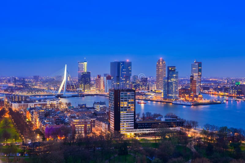 Rotterdam skyline at twilight as seen from the Euromast tower, The Netherlands. Rotterdam skyline at twilight as seen from the Euromast tower, The Netherlands