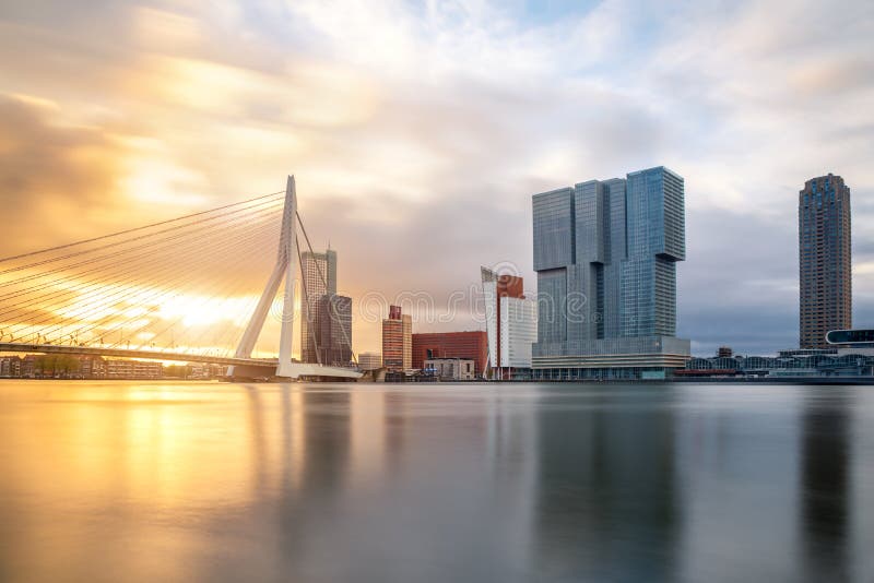 Rotterdam Skyline with Erasmusbrug bridge in morning ,Netherlands stock photos