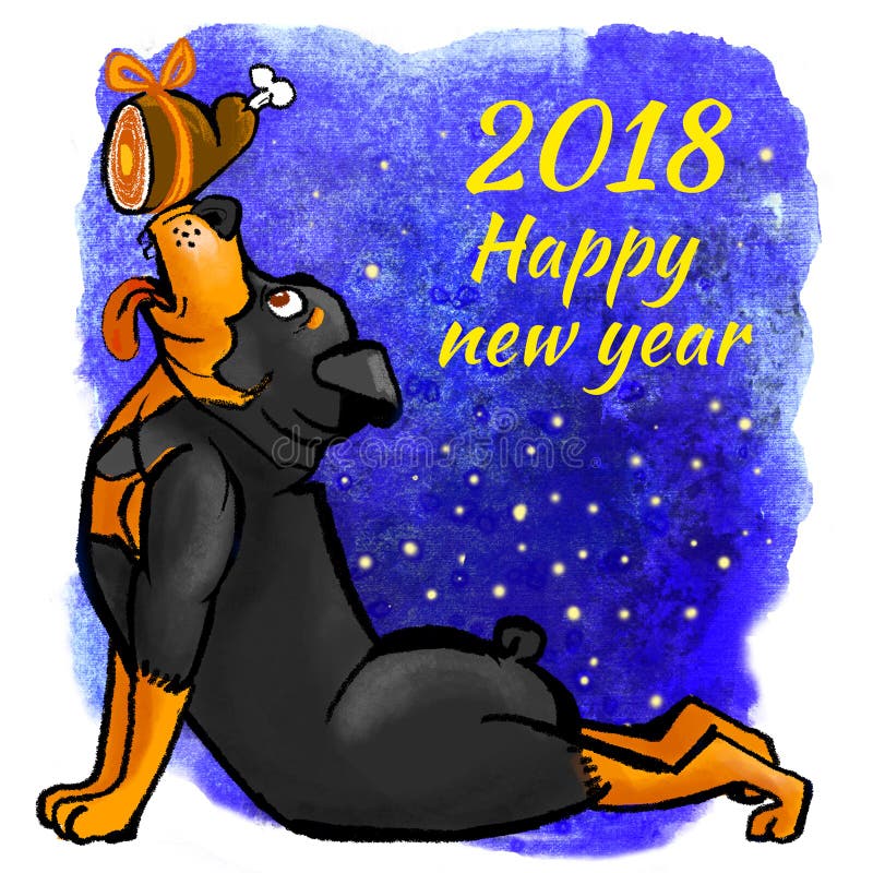 罗威纳犬新年2018插图。一张狗的贺卡。家养宠物。手绘插图 皇族释放例证