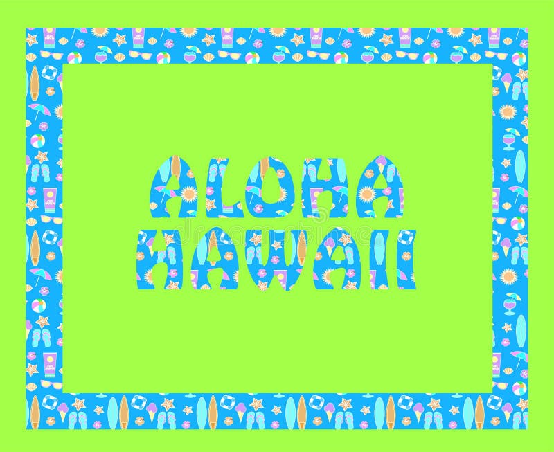 Rotulação de Aloha Hawaii no backround verde Letras tropicais do vetor com ícones coloridos da praia na luz - backround azul ilustração stock Rotulação de Aloha Hawaii no backround verde Letras tropicais do vetor com ícones coloridos da praia na luz - backround azul ilustração stock