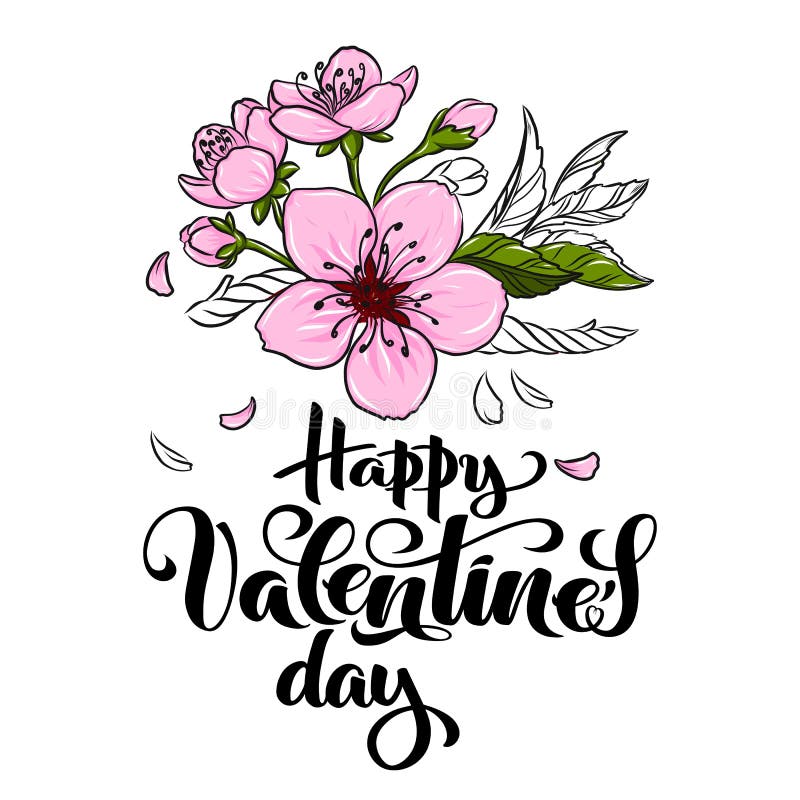 Rotulação do dia de Cherry Blossom Vetora Illustration e de Valentim Esboço floral tirado mão de Sakura Spring para o promo sazon ilustração stock Rotulação do dia de Cherry Blossom Vetora Illustration e de Valentim Esboço floral tirado mão de Sakura Spring para o promo sazon ilustração stock