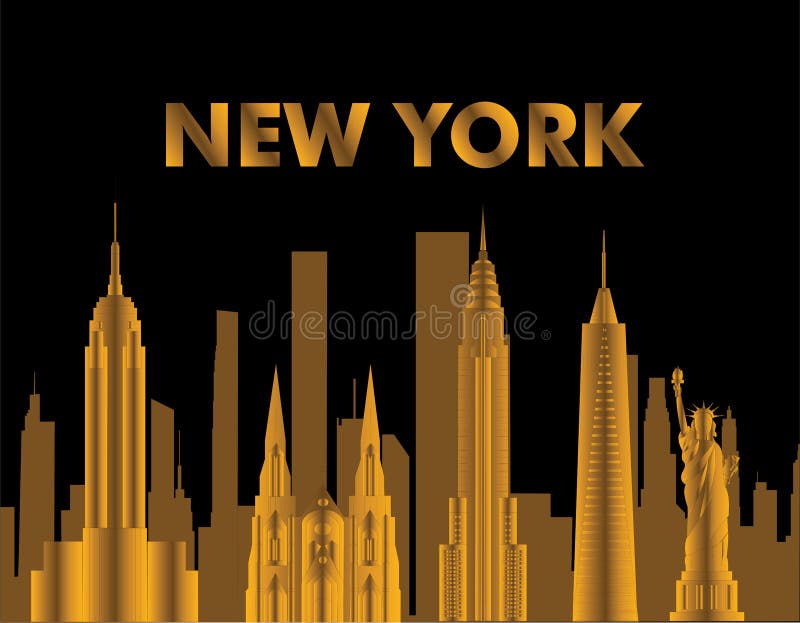 Rotulação do ouro de New York Vetor com skycrapers e ícones do curso no fundo preto Cartão do curso ilustração do vetor Rotulação do ouro de New York Vetor com skycrapers e ícones do curso no fundo preto Cartão do curso ilustração do vetor