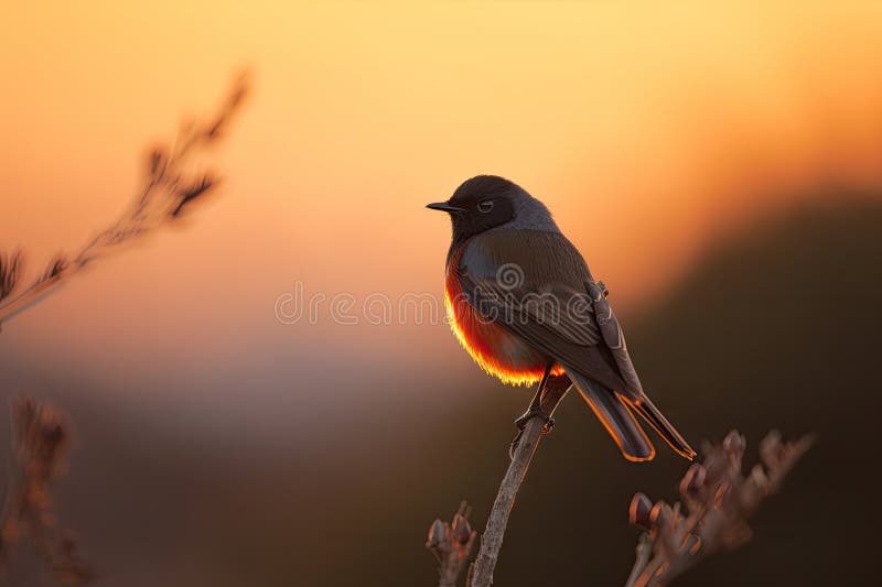 Rotvogel bei Sonnenaufgang mit orangen und rosa Farbtönen dahinter vektor abbildung